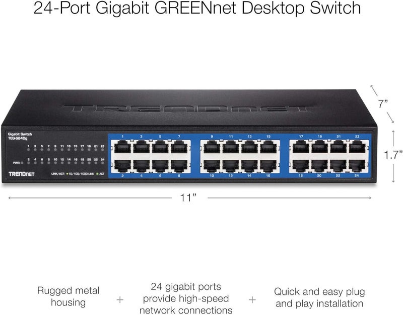 Trendnet 24-Port Unmanaged Gigabit GREENnet Desktop Switch, Ethernet Network Switch, 24 x 10-100-1000 Gigabit Ethernet RJ-45 Ports, 48Gbps Switching Capacity, Lifetime Protection, Black, TEG-S24DG - Image 3